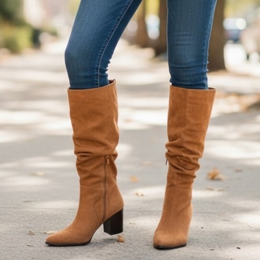 Tan Faux Suede Slouchy Pointed Toe Block Heel Tall Boots Size 10
